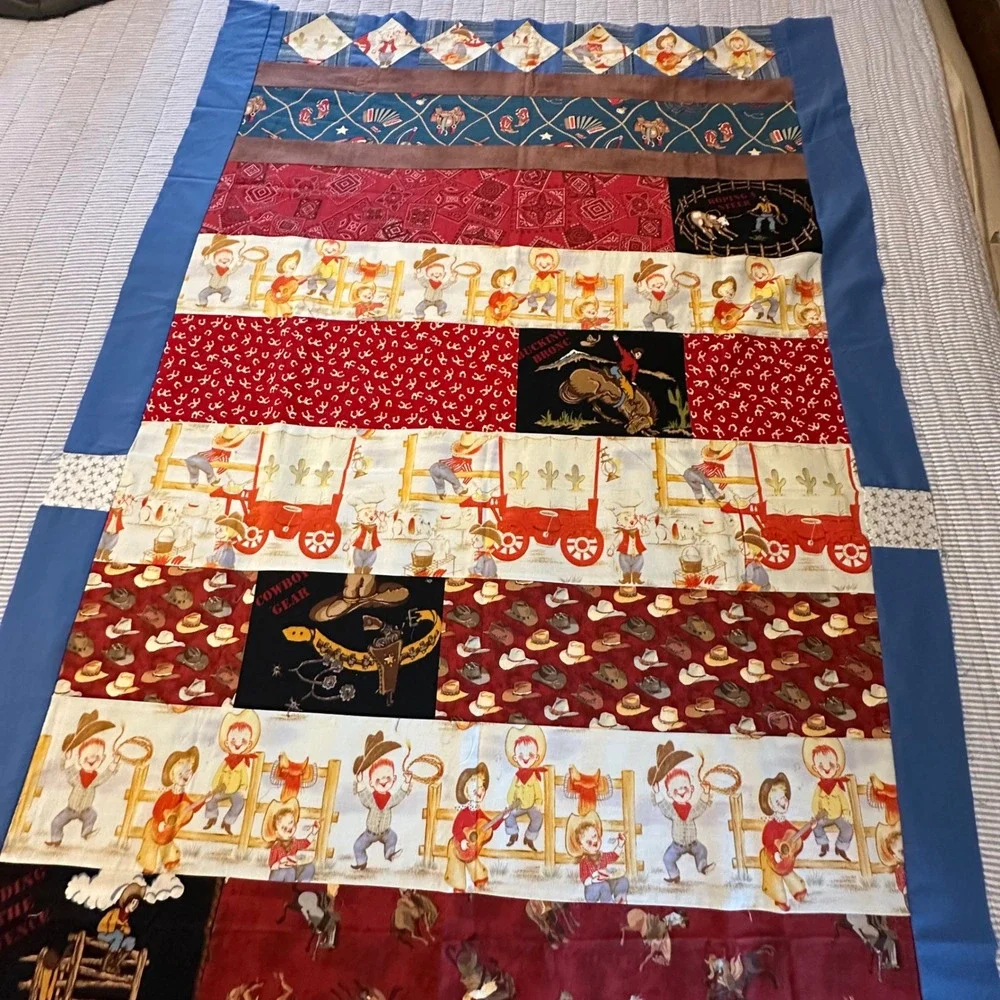 Unfinished Quilt Top Panel Kids 60x32 Multicolor Western Cowboy Novelty-CUTE!
